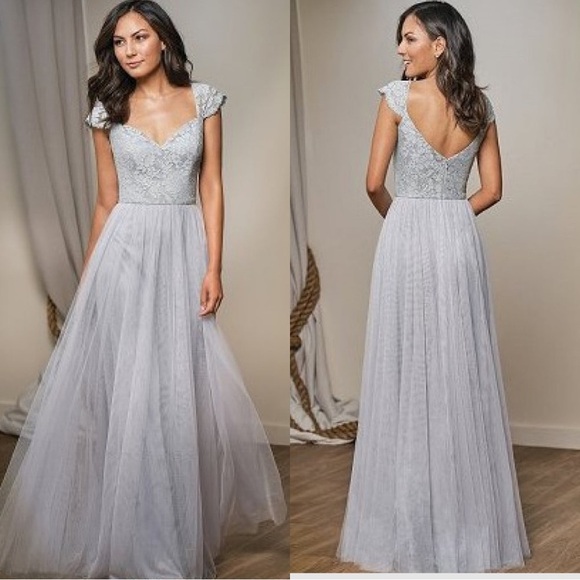 Belsoie | Gray Lace Soft Tulle Cap Sleeve Bridesmaid Dress L204007 Plus Size 14 - Picture 1 of 12